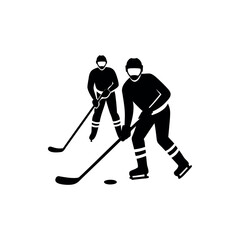 Two ice hockey players in action skating and ready to strike puck silhouette vector