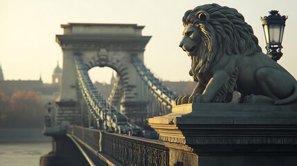 Naklejka premium Majestic lion statue on szechenyi chain bridge in budapest hungary image