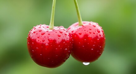 Two ripe red cherries on stems with water droplets.