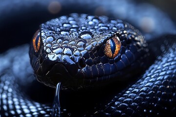 Fototapeta premium Black mamba snake close up glowing eyes shiny scales with water drops reptile macro photography mysterious dangerous wild exotic nocturnal atmosphere