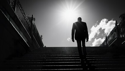 Silhouette of a Man Walking Upstairs Under Sunlight