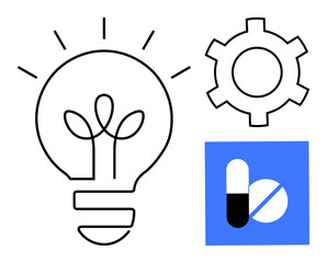 Lightbulb and gear symbolize innovation and solutions, while capsule denotes healthcare. Ideal for concepts thumbs up innovation, technology, healthcare, creativity, research, strategy, simple