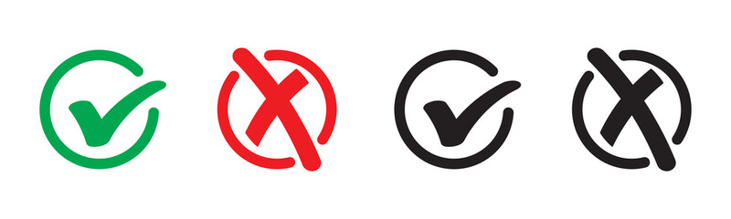 Tick, cross icon button set. Yes or no symbol, approved or rejected icon for user interface.