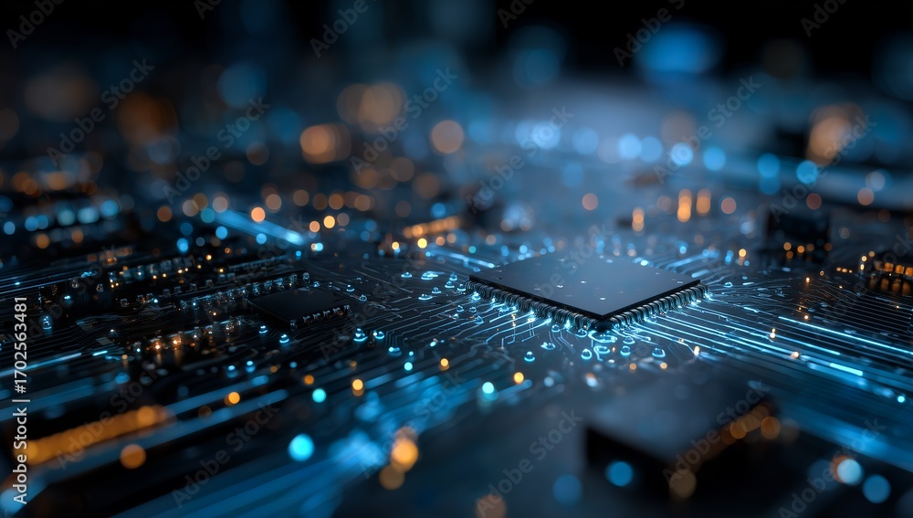 Poster close-up of a circuit board with microchip and led lights