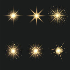 Collection of realistic bursts of light.Set of Golden Starbursts and Light Flares on Dark Background.vector illustration.