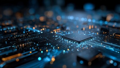 Close-up of a Circuit Board with Microchip and LED Lights