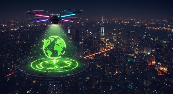 Drone projecting a green Earth hologram over a futuristic city at night.
