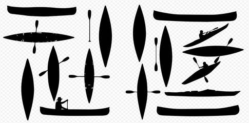A collection of black silhouettes depicting various canoes, kayaks, and paddles, including people paddling, against a transparent background.