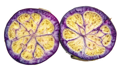 Two halves of a vibrant purple root vegetable, sliced, revealing a symmetrical pattern of pale yellow-cream and deep purple.  The cross-section shows radiating lines and a star-like interior
