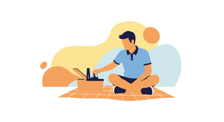 Fototapeta premium Man Preparing Picnic On A Mat With Food and Drinks, Minimalist Illustration Style