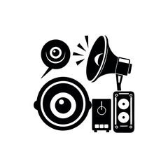Stylized Audio System Black and White Vector Art with Various Sound Components silhouette vector