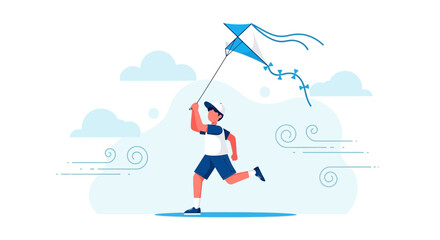 Joyful Child Enjoying Run Against Wind, With Blue Kite Flying High On A Sunny Day