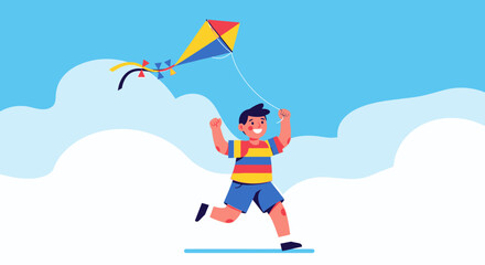 Fototapeta premium Joyful Child Flies Colorful Kite Under Bright Blue Sky During A Sunny Day