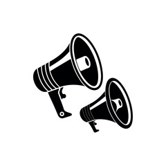 Black and white illustration of two megaphones representing communication and announcements silhouette vector