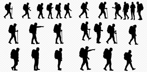 Silhouettes of hikers with backpacks and walking sticks in various poses, representing outdoor adventure and trekking.
