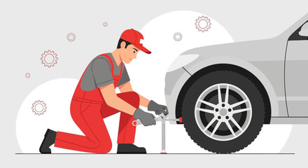 Mechanic Changing Tire On A Gray Car Outdoors Ready For Transportation Services