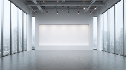 Fototapeta premium Bright Modern Gallery Space with Large Windows and a Blank White Wall for Artwork