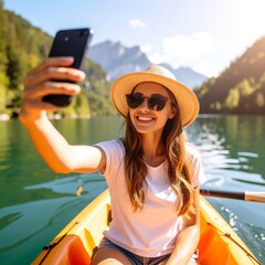 Woman taking selfie in kayak on a lake