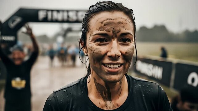 Mud run competitor smiles victoriously at finish line, covered in mud. Symbolizes resilience, personal achievement. Perfect for advertising fitness events, challenges, teamwork.