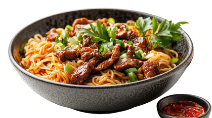 Asian cuisine - plates and bowls with noodles isolated on transparent background
