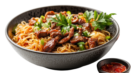 Asian cuisine - plates and bowls with noodles isolated on transparent background