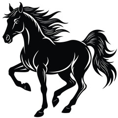 Black horse galloping with flowing mane and tail on white background stallion equine