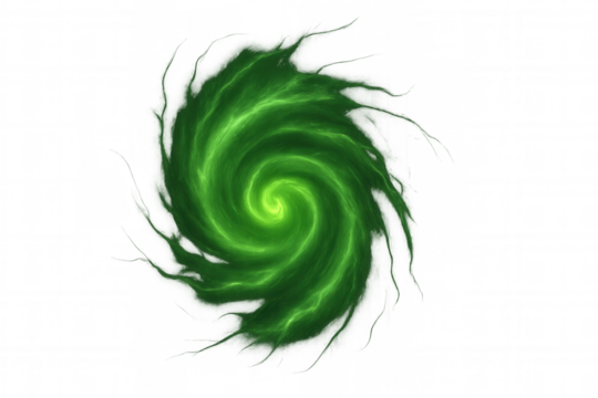 Swirling green energy vortex rotating against a transparent background, ideal for visual effects and motion graphics