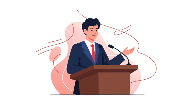 Motivational Speaker Delivering Speech At Podium With Microphone, Presentation Concept