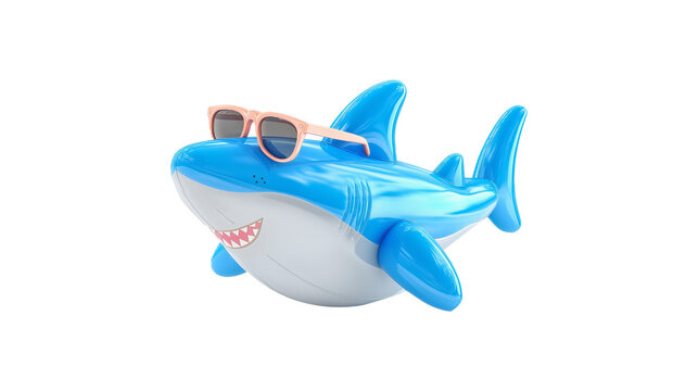 A cheerful inflatable shark float with sunglasses is ready for summer activities at a sunny backyard pool. It offers playful vibes for children and adults alike during outdoor gatherings.