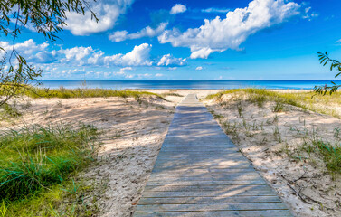 Footpath leading to sand beaches and dunes on a shore of the Baltic Sea in Jurmala – famous tourist resort in Latvia