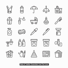 Baby & Toddler Essentials Line Icons Part 3: Flat Vector. Modern Outline Graphics for Travel, Hygiene, Health, Creative Play & Home Organization. Clean Black & White Art
