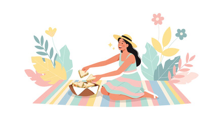 Fototapeta premium Joyful Woman Preparing For a Relaxing Picnic Outdoors Amidst Natural Foliage
