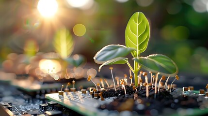 Green Seedlings Growing on Circuit Board Representing Technology and Sustainability Concepts