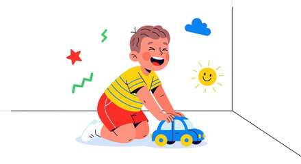 Naklejka premium Joyful Young Boy Playing With Toy Car On White Background With Playful Elements