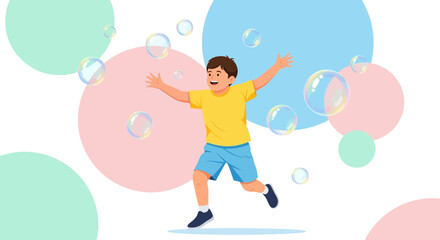 Fototapeta premium Joyful Young Boy Plays Amidst Colorful Bubbles In Whimsical Illustration