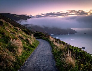 Coastal path at sunset, mist