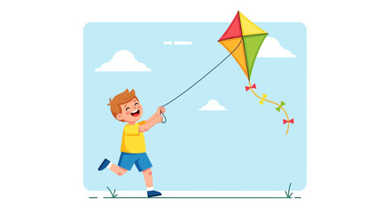 Joyful Young Boy Runs With His Colorful Kite Under a Clear Sky on a Sunny Day