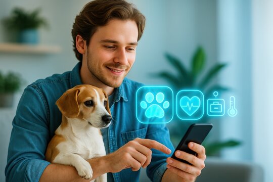 a man and his dog interacting with a smartphone with pet healthcare app icons. The man, looking content and happy, is holding his dog, and the scene exudes warmth and technological integration