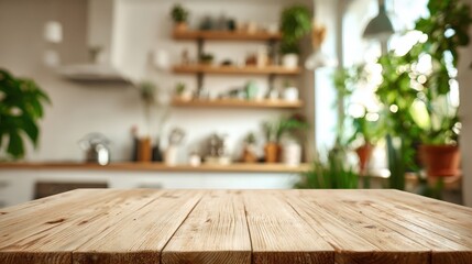 Wooden Tabletop in Bright Kitchen with Green Plants, Ideal for Product Mockups and Food Photography