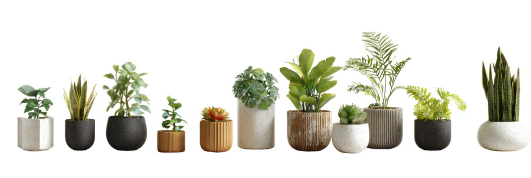 Assorted small potted succulents and plants in various planters