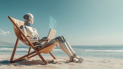 White humanoid robot working on laptop with financial graphs at beach, futuristic AI nomad lifestyle and remote job freedom