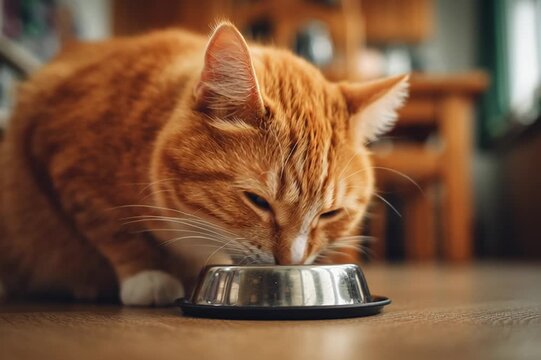 Orange cat eating from a metallic bowl in the kitchen. Commercial for feline food for sterilized cats. Products for pets.	Cat on the left part of the frame.