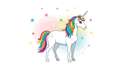Fototapeta premium Magical Unicorn With Rainbow Mane And Tail Surrounded By Colorful Stars And Swirls