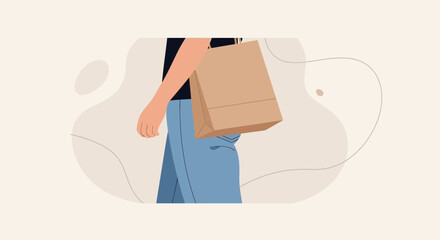 Person Carrying Shopping Bag Illustration With Brown Background and Simple Design