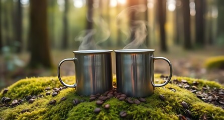 Two Steaming Metal Mugs of Hot Coffee Resting on Vibrant Green Moss Amidst Scattered Roasted Beans in a Serene, Sunlit Forest