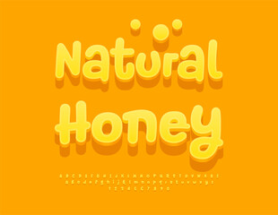 Vector Sunny label Natural Honey. Sunny Yellow Font. Handwritten 3D Alphabet Letters and Numbers set