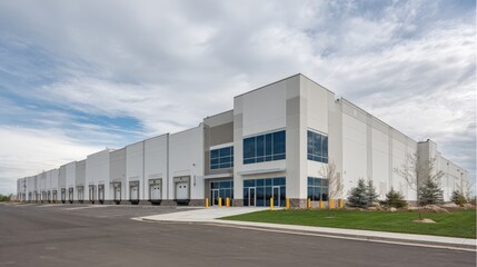 Obraz premium Modern Distribution Warehouse Exterior with Loading Docks and Expansive Parking for Logistics Operations under Cloudy Sky