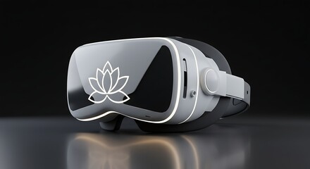 A sleek, modern virtual reality headset with a white lotus flower emblem on the front, set against a dark, reflective surface.