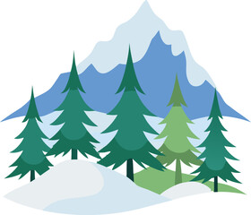 Fototapeta premium Winter Mountain Landscape with Evergreen Trees and Snow Covered Ground Illustration