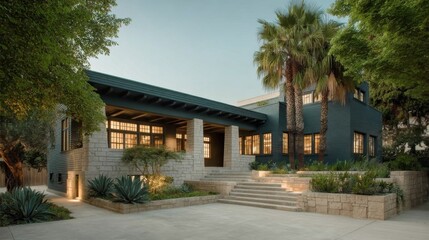 Naklejka premium Elegant modern house exterior with large windows and stone accents surrounded by lush landscape featuring tall palm tree